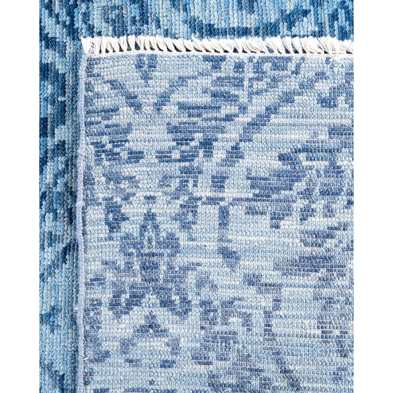Handmade Blue Wool Rectangular Area Rug, 8' 1" x 10' 1"