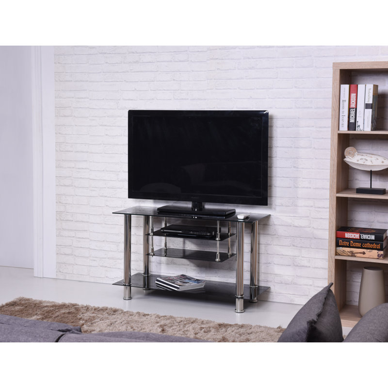 Black Tempered Glass and Metal TV Stand with Shelves