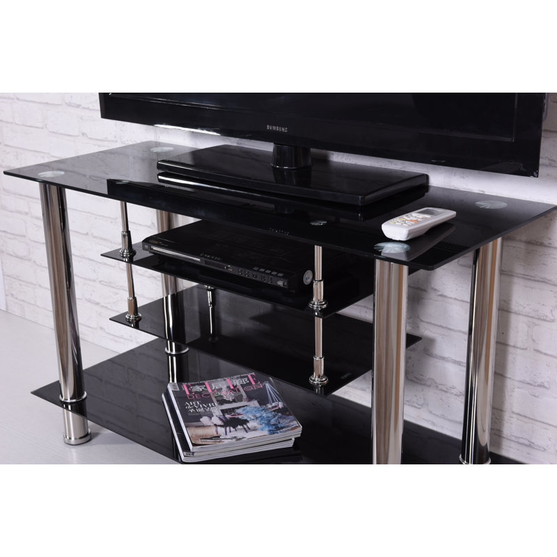 Black Tempered Glass and Metal TV Stand with Shelves