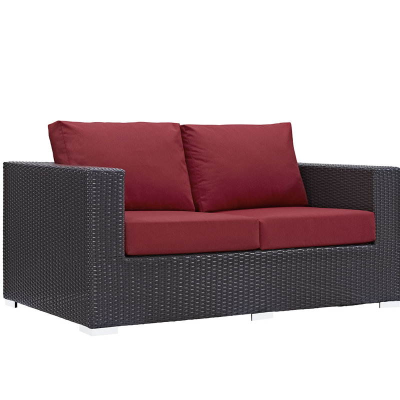 Espresso Red Wicker and Metal Outdoor Patio Loveseat