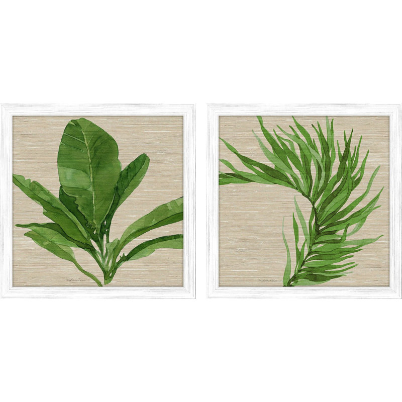 Whitewash Distressed Wood Frame Palm Leaf Prints Set