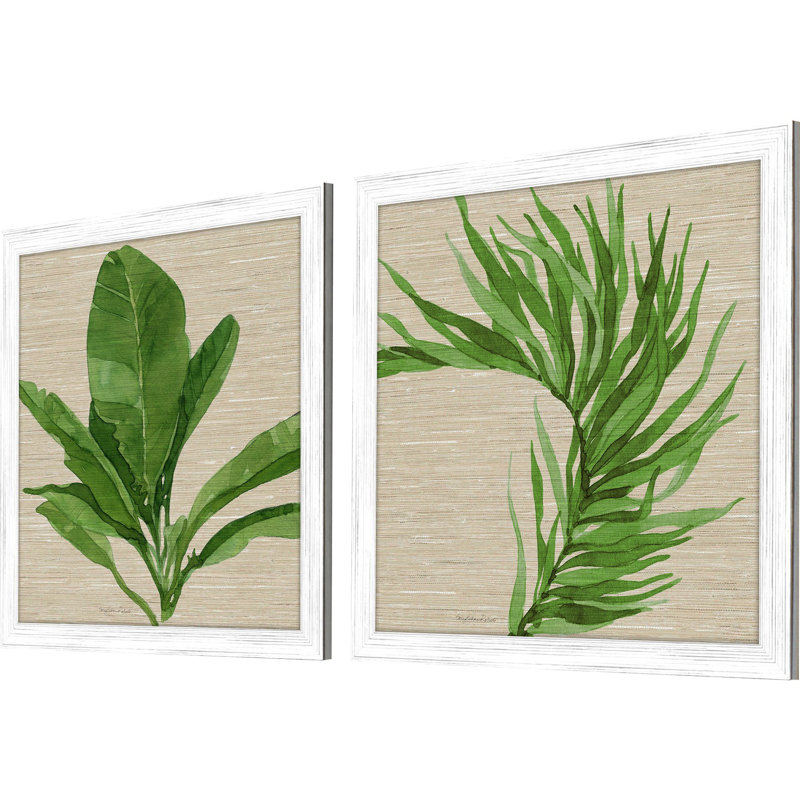 Whitewash Distressed Wood Frame Palm Leaf Prints Set