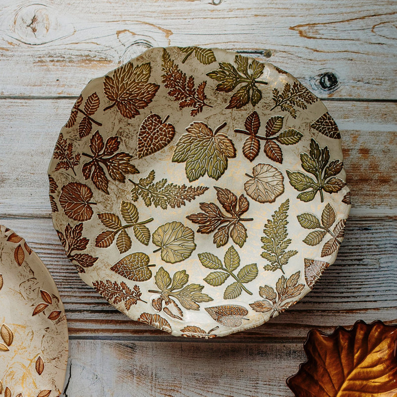 Autumn Leaves Green Glass Serving Bowl, 13" Diameter