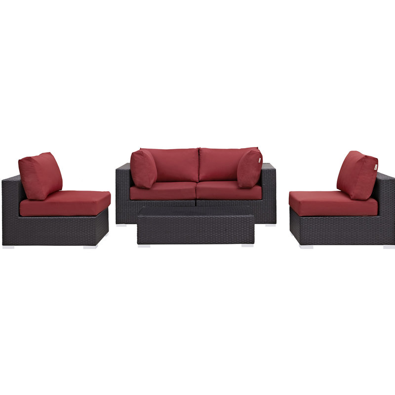 Espresso Red Wicker Rattan 5-Piece Outdoor Patio Set