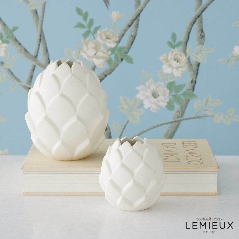 Handcrafted White Ceramic Round Artichoke Vase