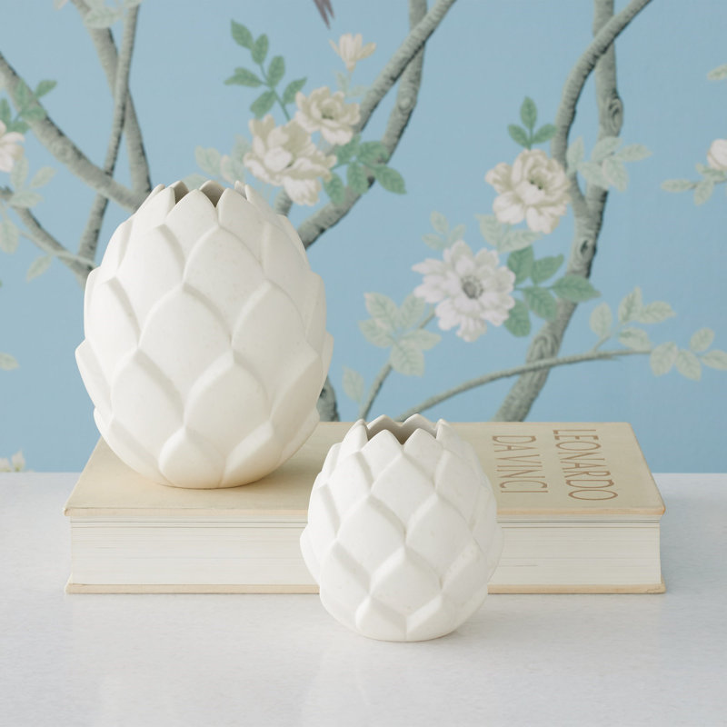 Handcrafted White Ceramic Round Artichoke Vase