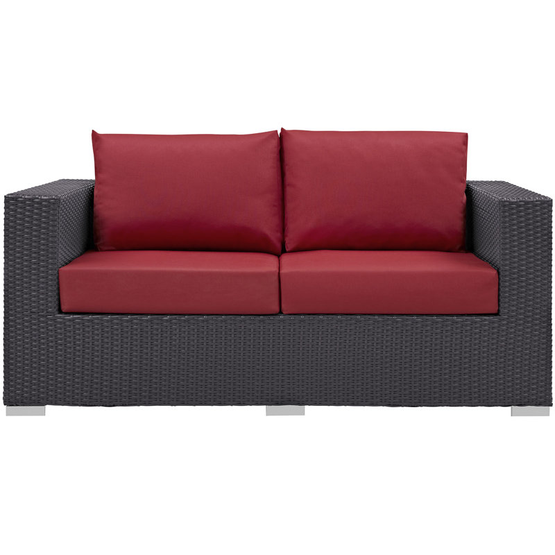 Espresso Red Wicker and Metal Outdoor Patio Loveseat