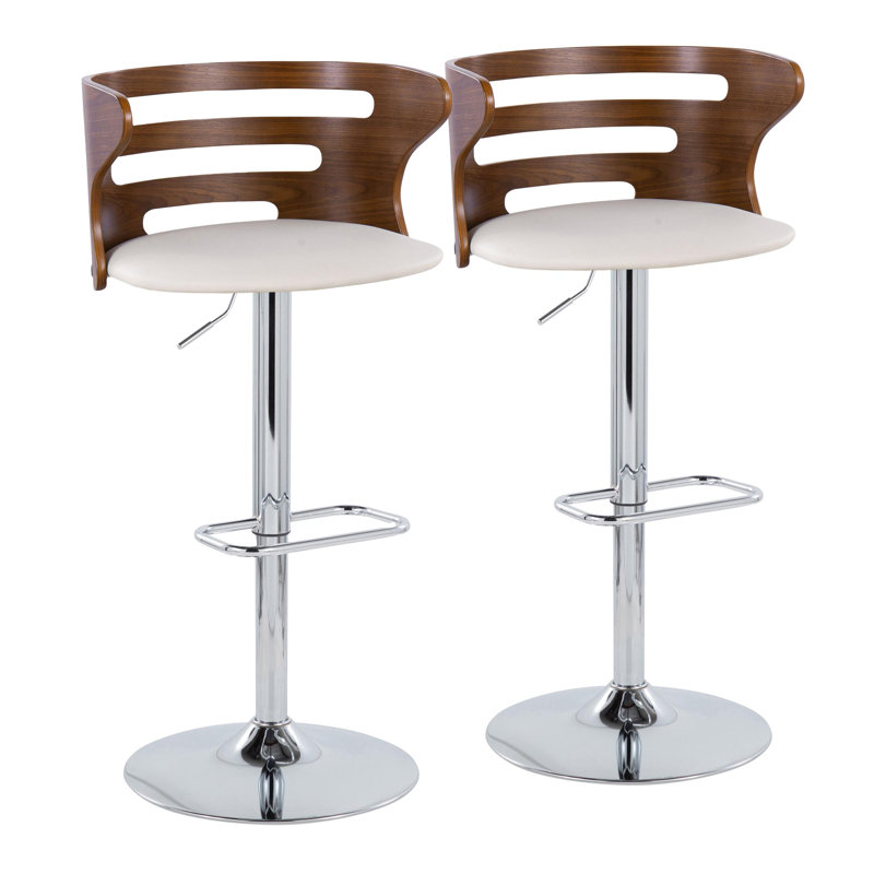 Cosi Adjustable Cream Faux Leather Walnut Barstools with Chrome Base