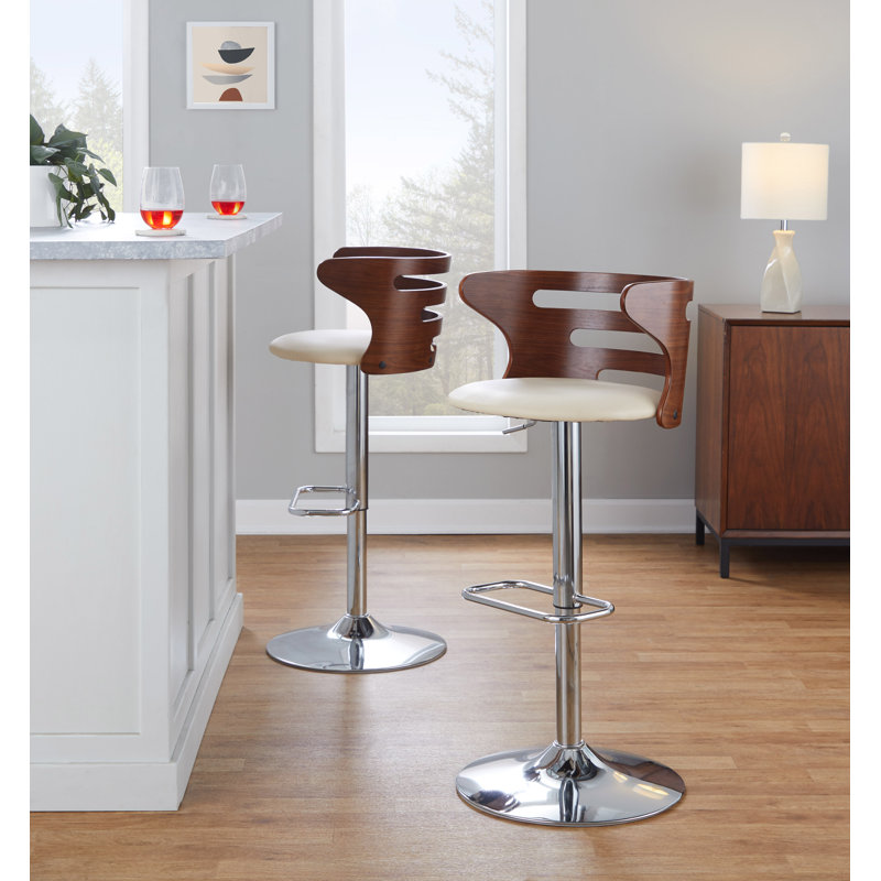 Cosi Adjustable Cream Faux Leather Walnut Barstools with Chrome Base