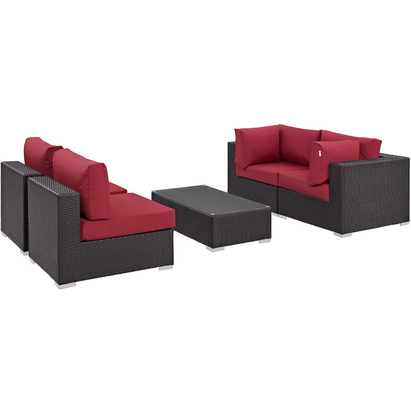 Espresso Red Wicker Rattan 5-Piece Outdoor Patio Set