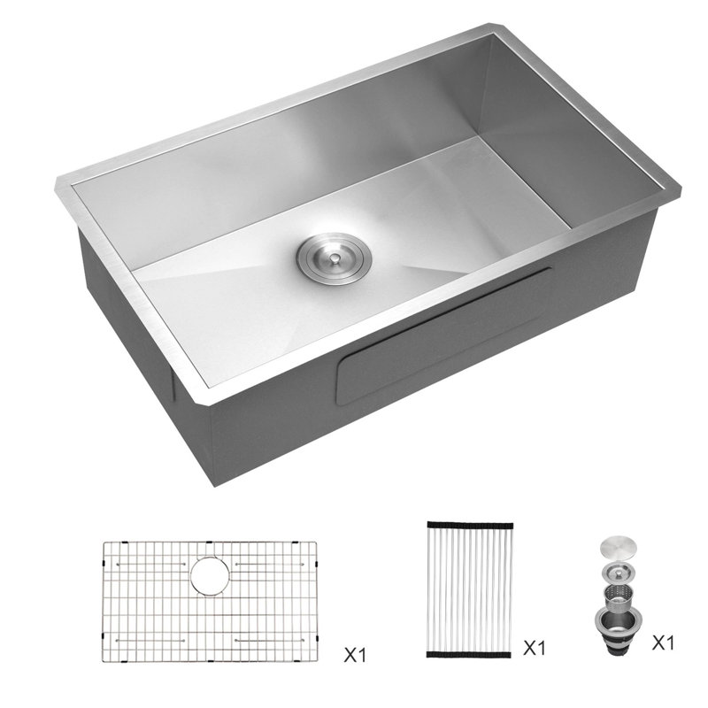 32'' Stainless Steel Undermount Single Bowl Kitchen Sink with Accessories