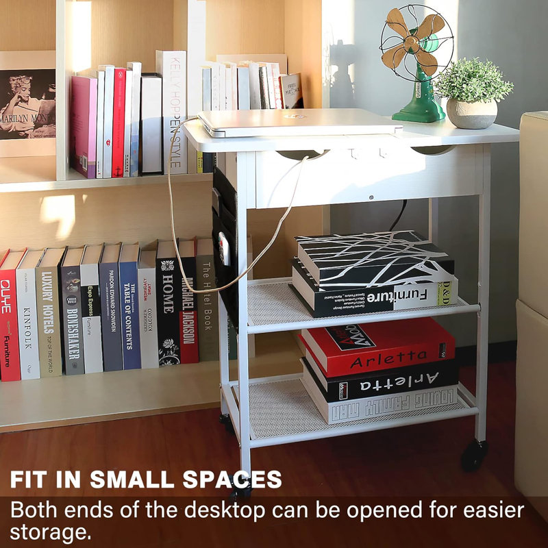 White Slim Rolling Side Table with USB Ports and Storage