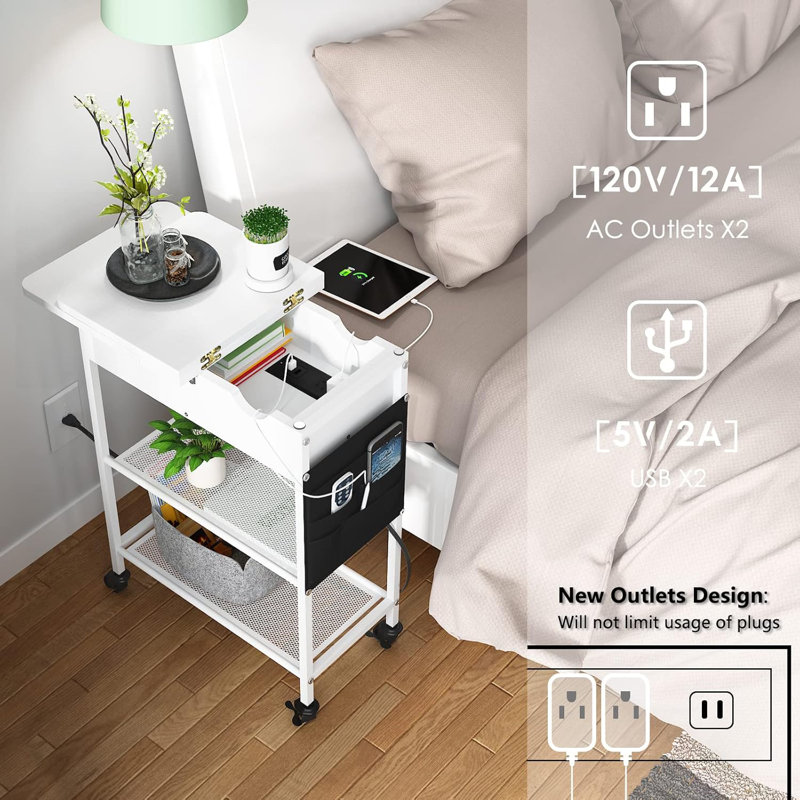 White Slim Rolling Side Table with USB Ports and Storage