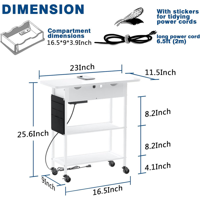 White Slim Rolling Side Table with USB Ports and Storage