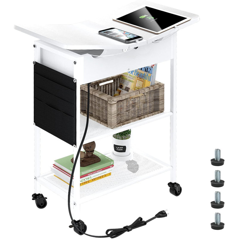 White Slim Rolling Side Table with USB Ports and Storage
