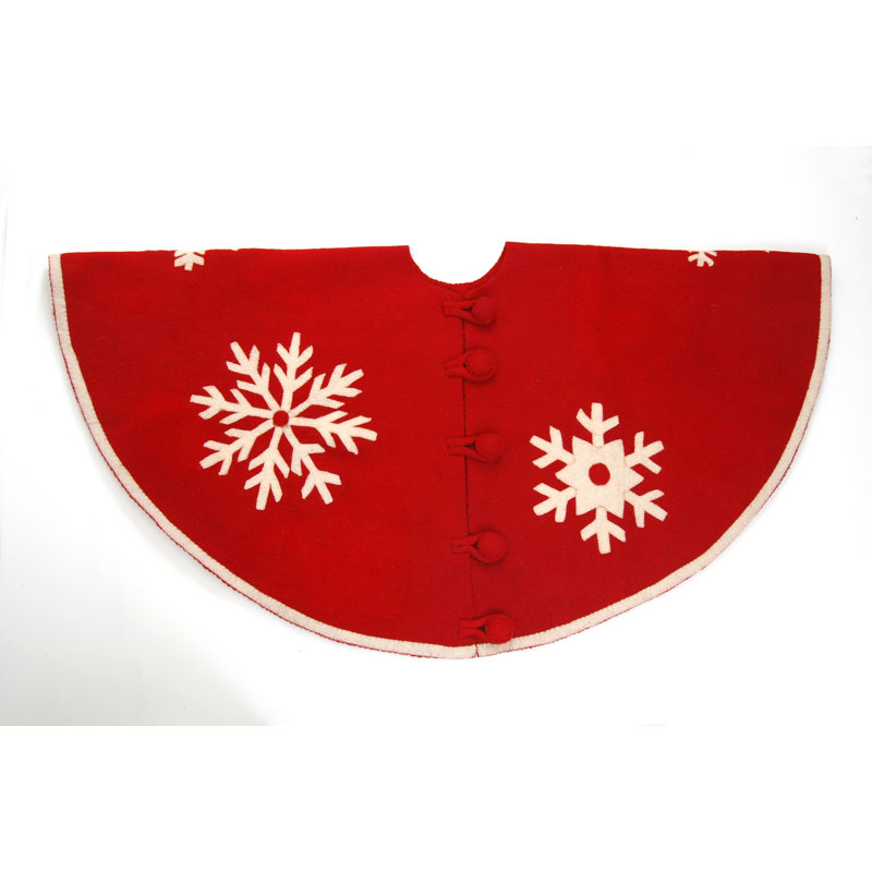 Handmade Red and White Felt Christmas Tree Skirt with Snowflakes