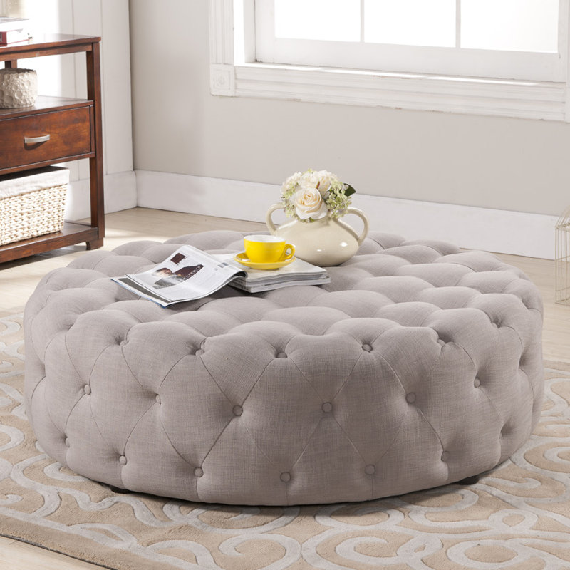 Cardiff Beige Linen 42" Round Tufted Ottoman