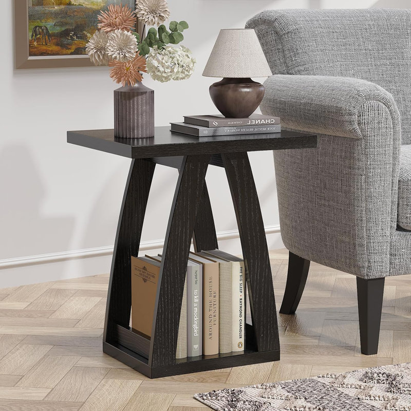 Black Engineered Wood Square End Table Set with Shelf