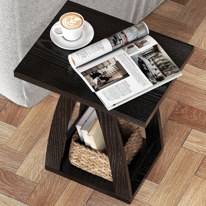 Black Engineered Wood Square End Table Set with Shelf