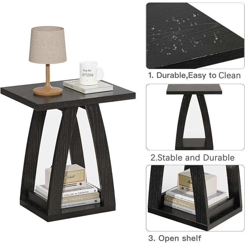 Black Engineered Wood Square End Table Set with Shelf
