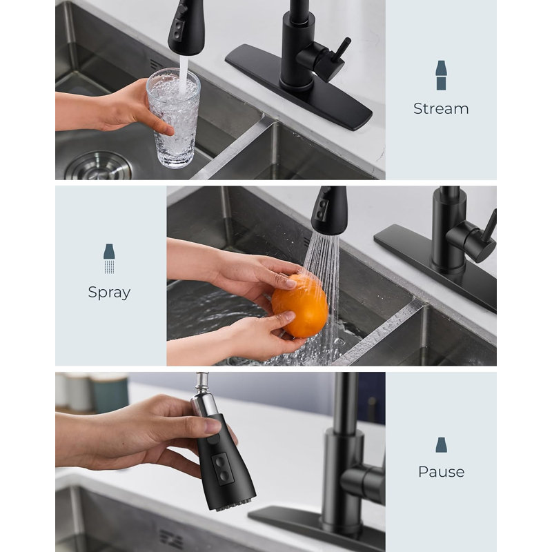 Matte Black Single Handle Pull Down Kitchen Faucet with Soap Dispenser