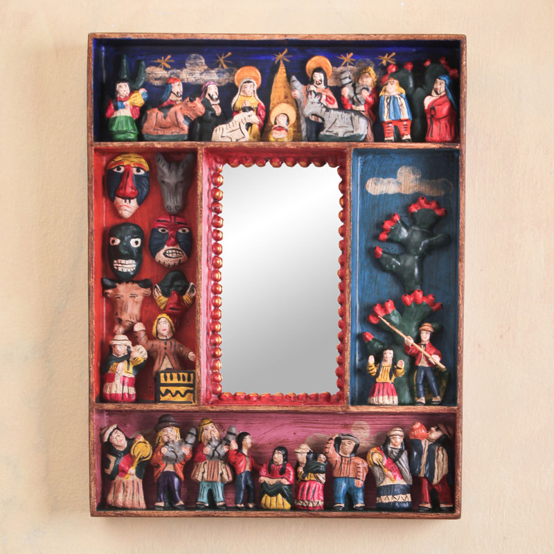Multicolor Painted Wood and Ceramic Rectangular Wall Art Mirror