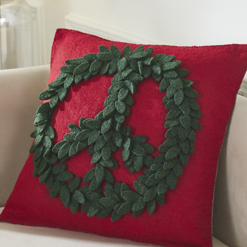 Green Leaf Peace Sign Red Wool Throw Pillow Cover
