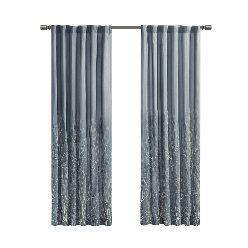 Blue Faux Silk Embroidered Puddle Length Curtain Panel