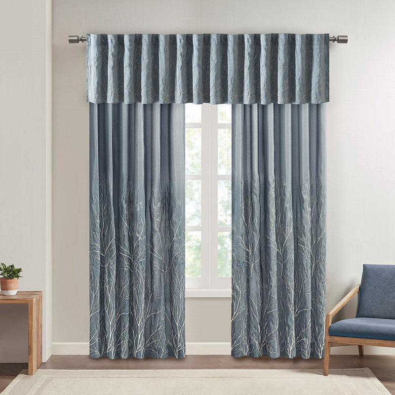Blue Faux Silk Embroidered Puddle Length Curtain Panel