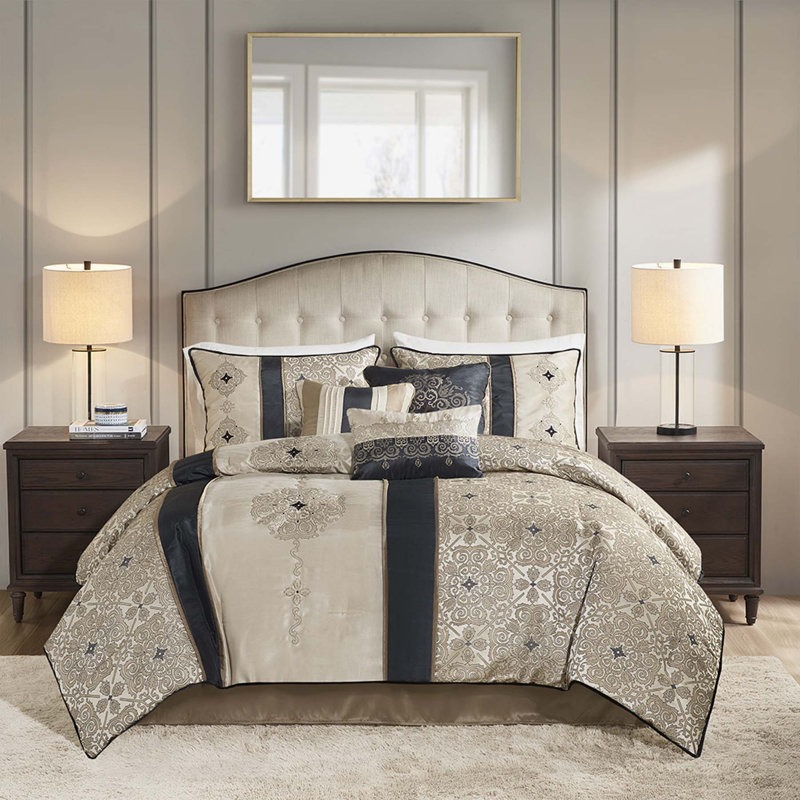 King Black Jacquard Reversible Comforter Set with Embroidered Shams