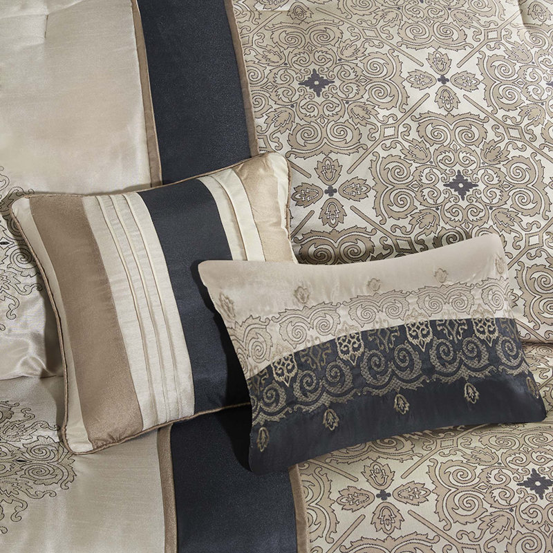 King Black Jacquard Reversible Comforter Set with Embroidered Shams