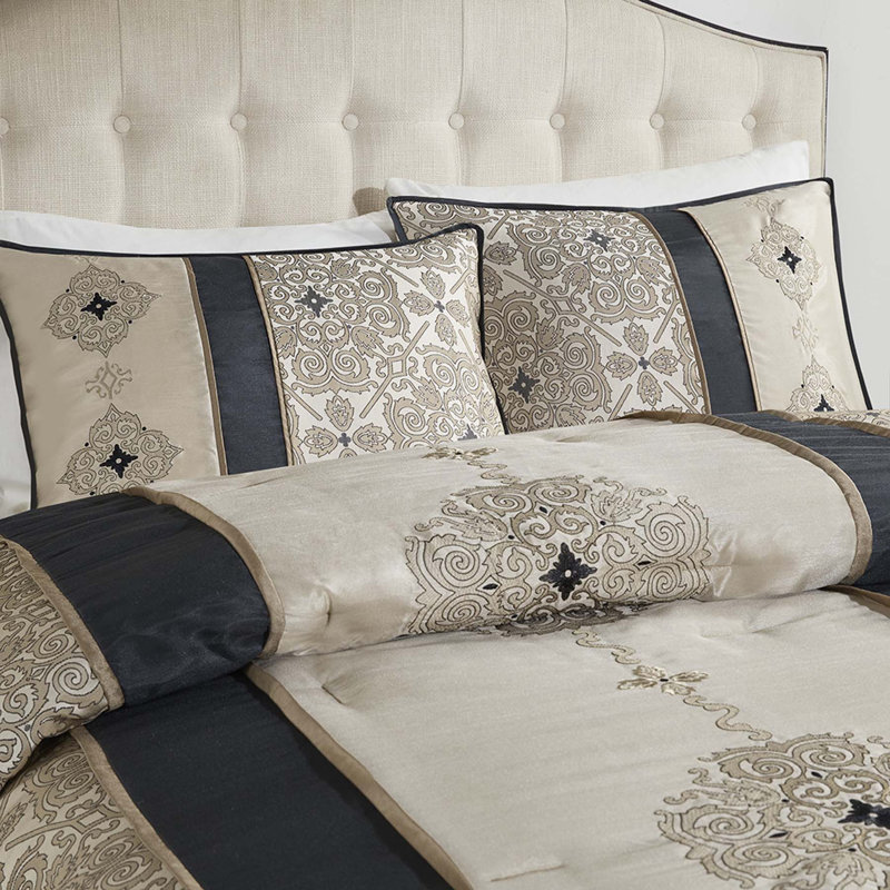 King Black Jacquard Reversible Comforter Set with Embroidered Shams
