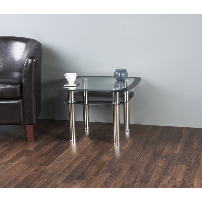 Modern Chrome Square End Table with Black Glass Shelf