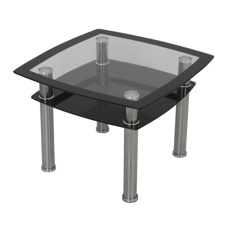 Modern Chrome Square End Table with Black Glass Shelf