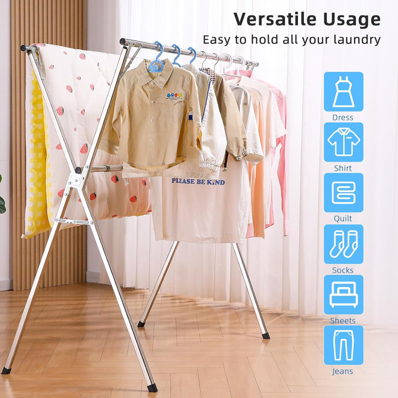 Adjustable Stainless Steel Foldable Clothes Drying Rack with Hooks and Clips