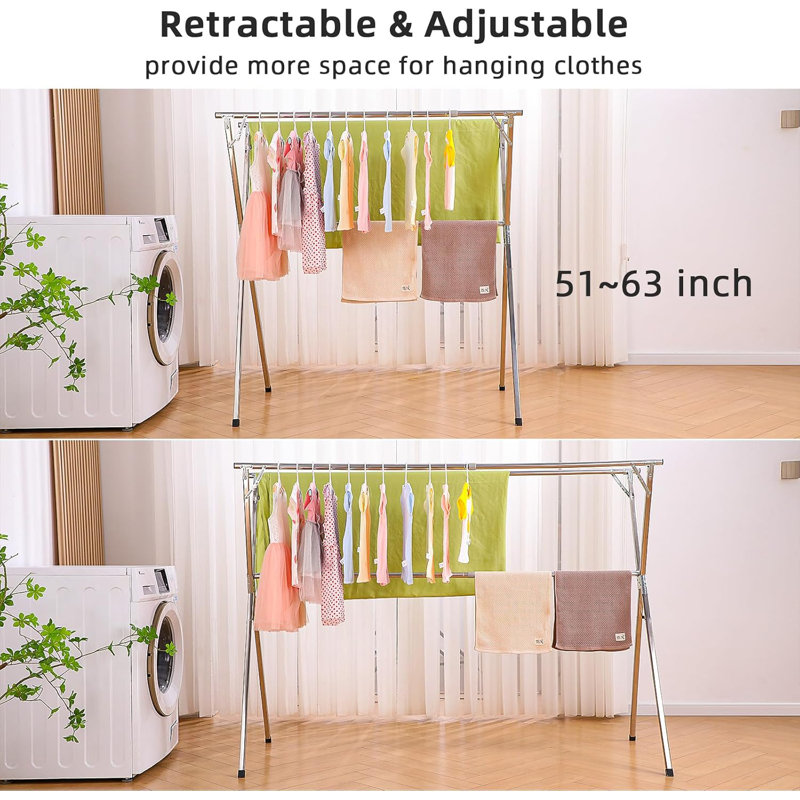 Adjustable Stainless Steel Foldable Clothes Drying Rack with Hooks and Clips