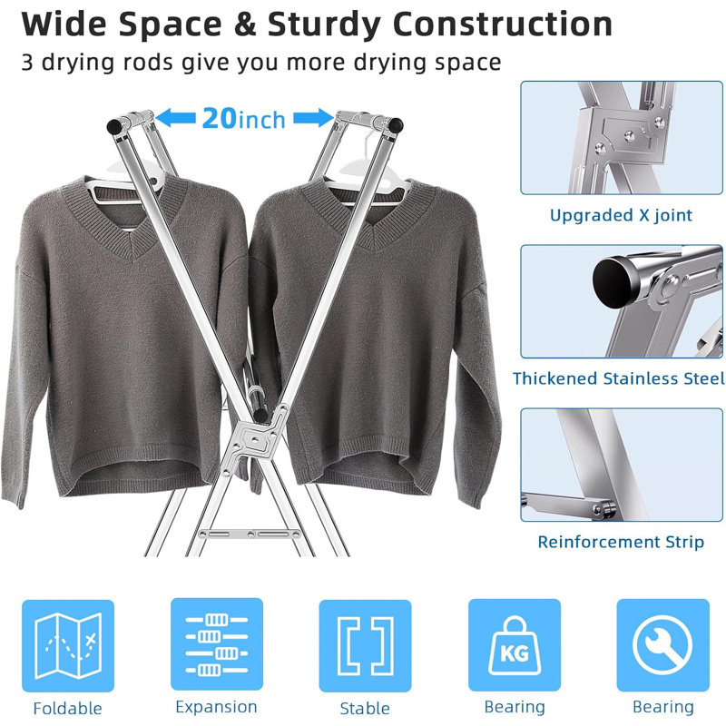 Adjustable Stainless Steel Foldable Clothes Drying Rack with Hooks and Clips