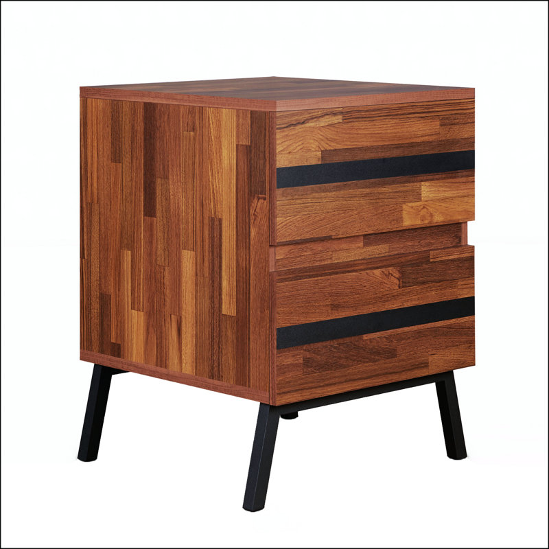 Walnut and Black Modern Rectangular Nightstand with Storage