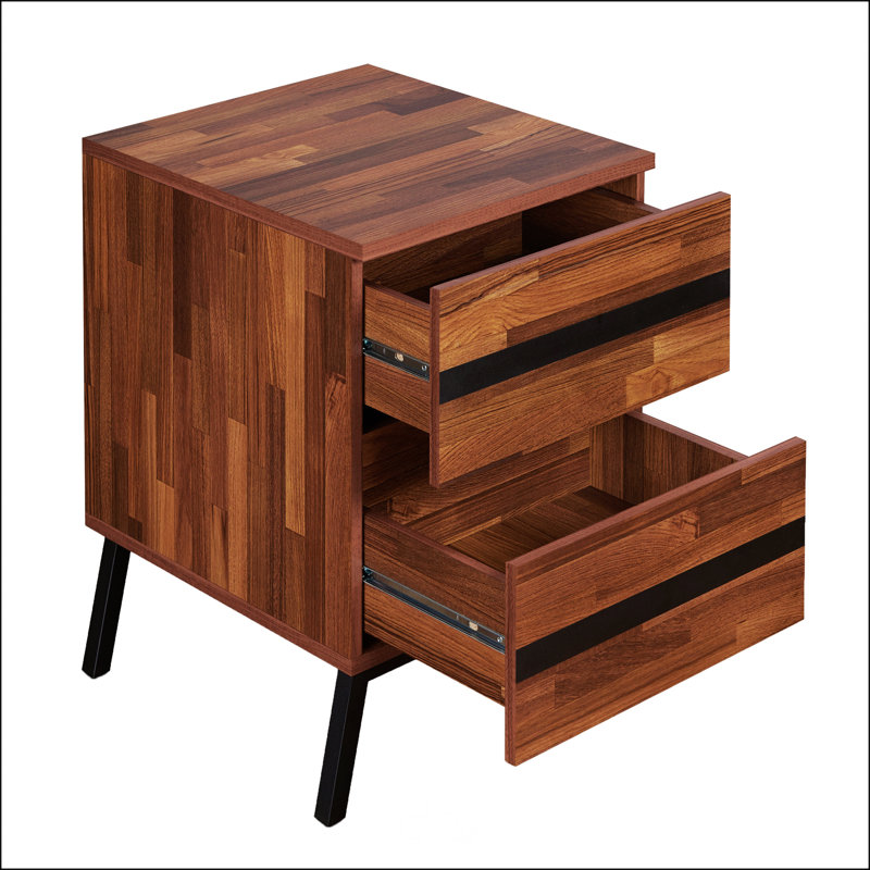 Walnut and Black Modern Rectangular Nightstand with Storage