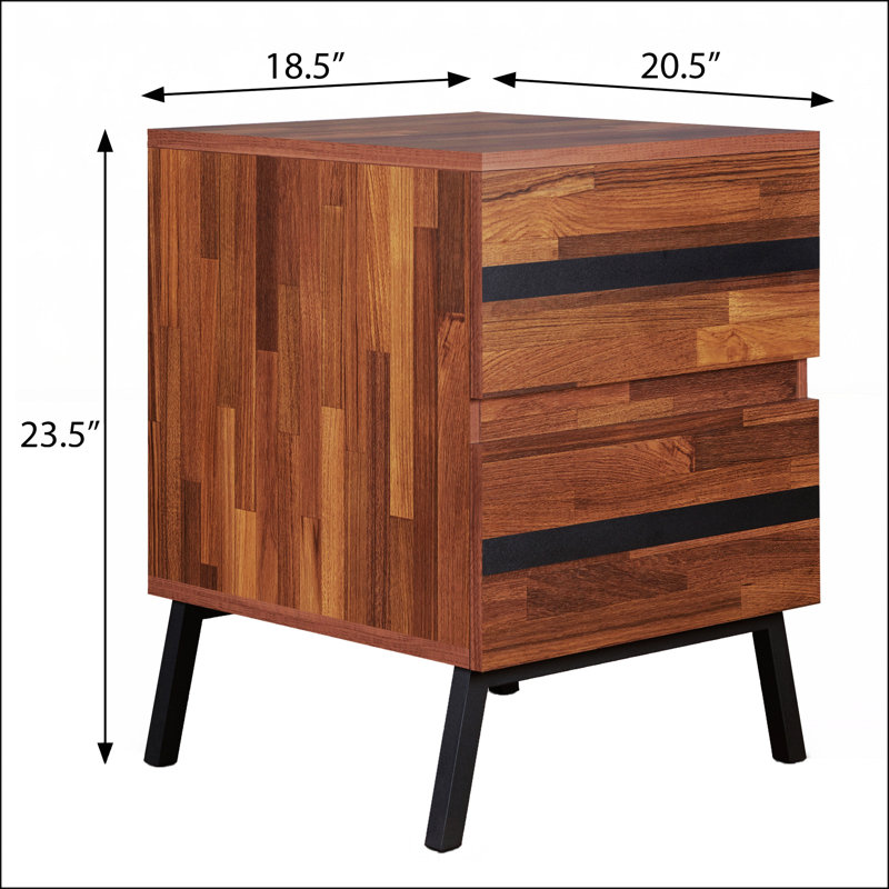 Walnut and Black Modern Rectangular Nightstand with Storage