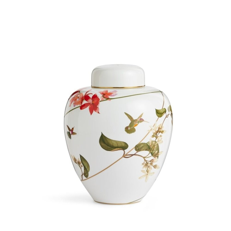 Hummingbird Floral Ceramic Lidded Vase with Gold Accents