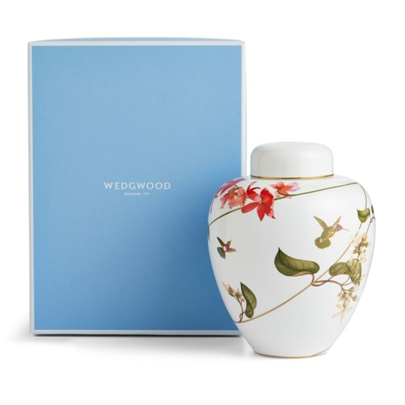 Hummingbird Floral Ceramic Lidded Vase with Gold Accents