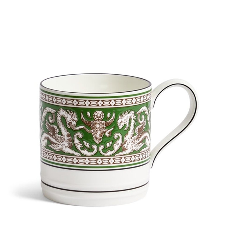 White Ceramic Microwave Safe Mug with Ornate Green Design