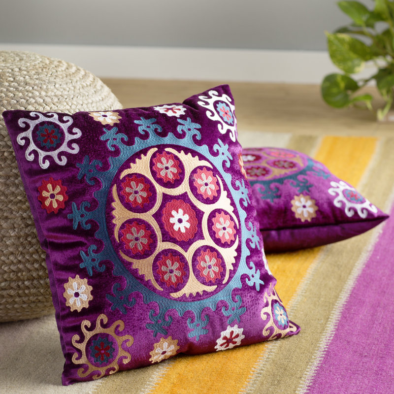 Gold and Purple Embroidered Linen Cotton Square Pillow Set