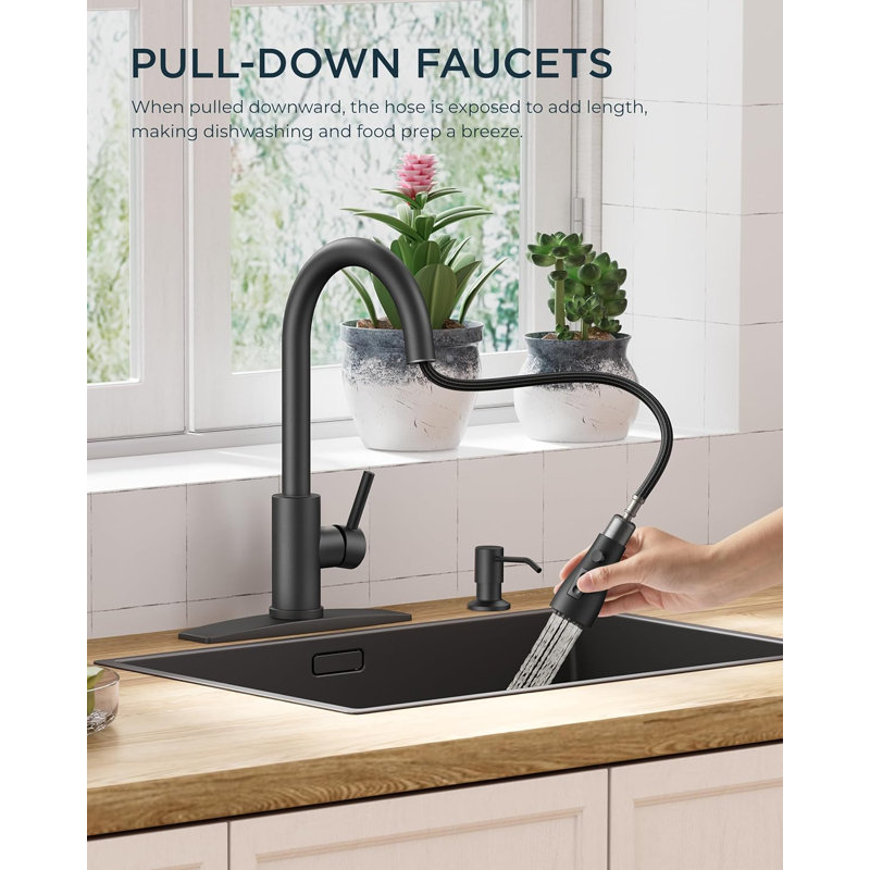 Matte Black Single Handle Pull Down Kitchen Faucet with Soap Dispenser