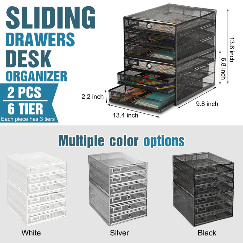 Black 6-Tier Wire Mesh Desk Organizer with Drawers