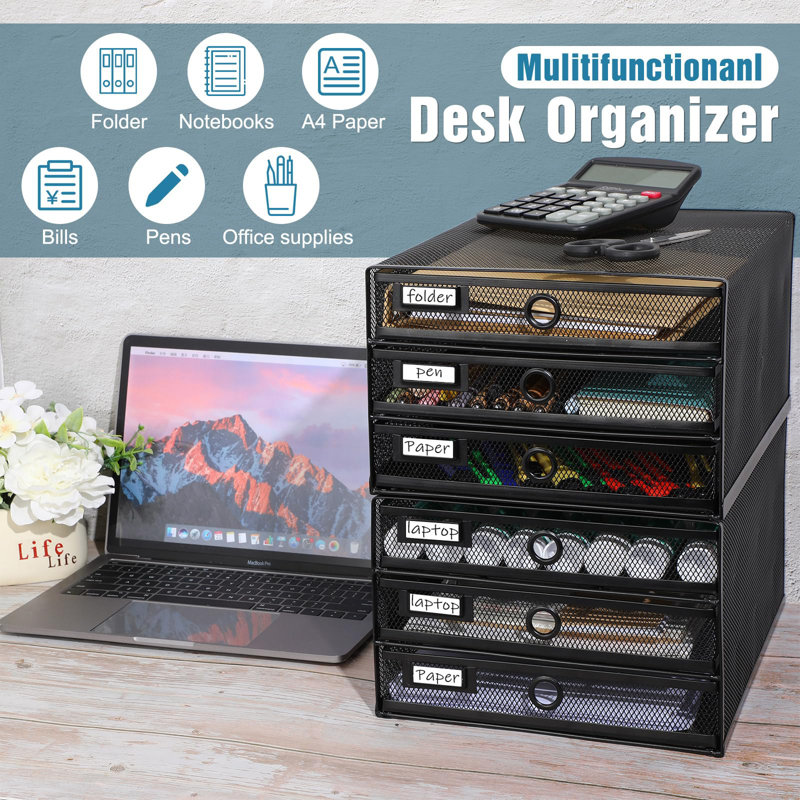 Black 6-Tier Wire Mesh Desk Organizer with Drawers