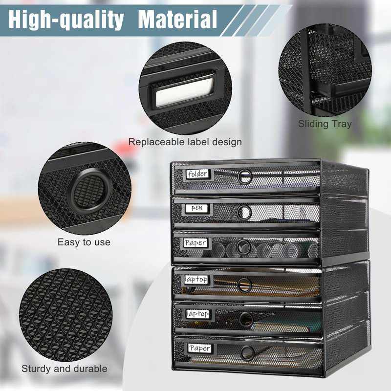 Black 6-Tier Wire Mesh Desk Organizer with Drawers