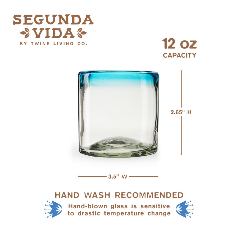 Blue Rimmed Hand Blown Recycled Glass Tumblers, 12oz, Set of 2