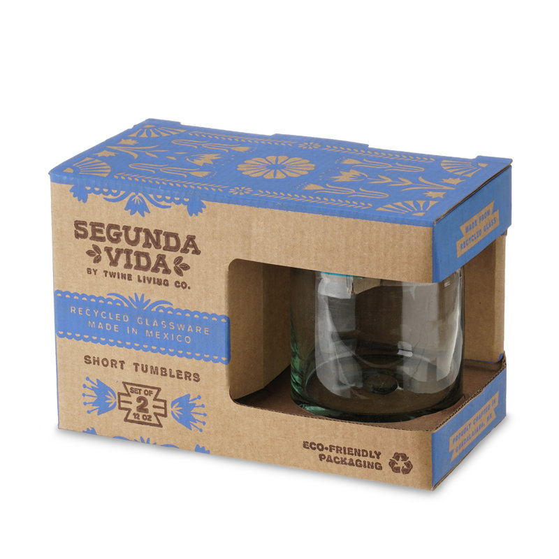 Blue Rimmed Hand Blown Recycled Glass Tumblers, 12oz, Set of 2